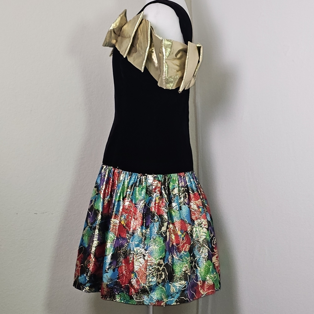 Vintage Morton Myles Saks Velvet Gold Bow Metallic Floral Cocktail Dress Sz S - Picture 4 of 15